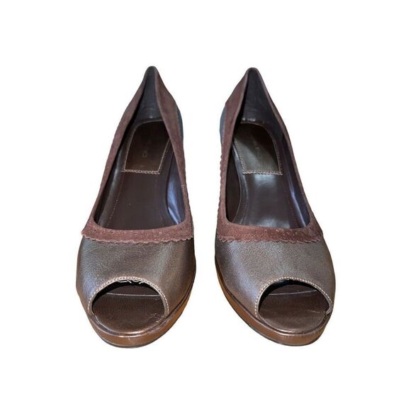 Bandolino Ebba Gold / Dark Brown Leather Peep Toe Heels Womens Size 10 NEW - Picture 3 of 11